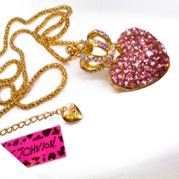 Betsey Johnson Gold Crystal Crown Pink CZ Heart Necklace 18”-22” chain NEW NWT - Picture 2 of 7